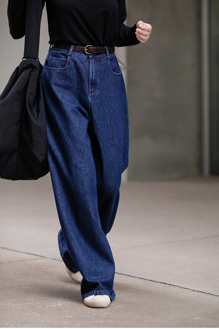 A niche all-season deep indigo blue mid-waisted loose and versatile wide-leg jeans pic 12