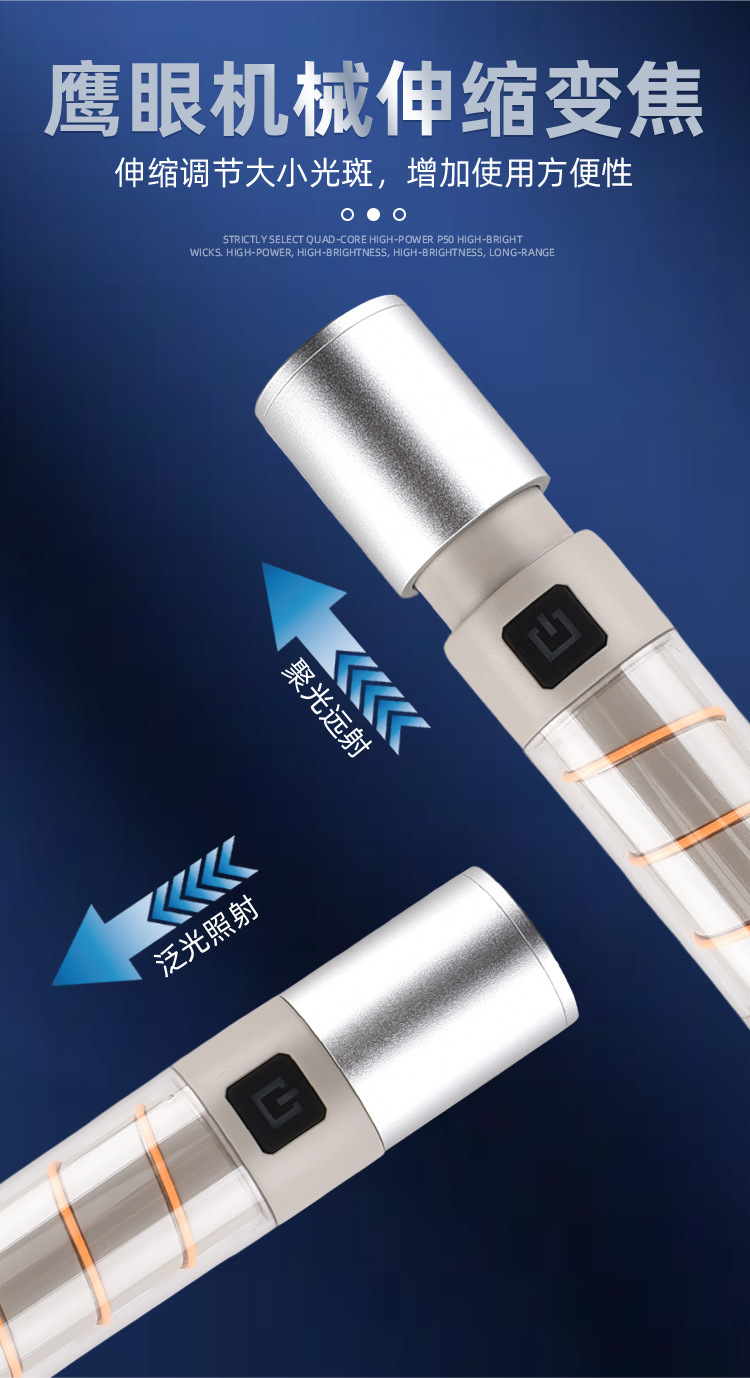 跨境新品LED红兰光白激光 Type-C充电伸缩变焦远射 强光手电筒详情5