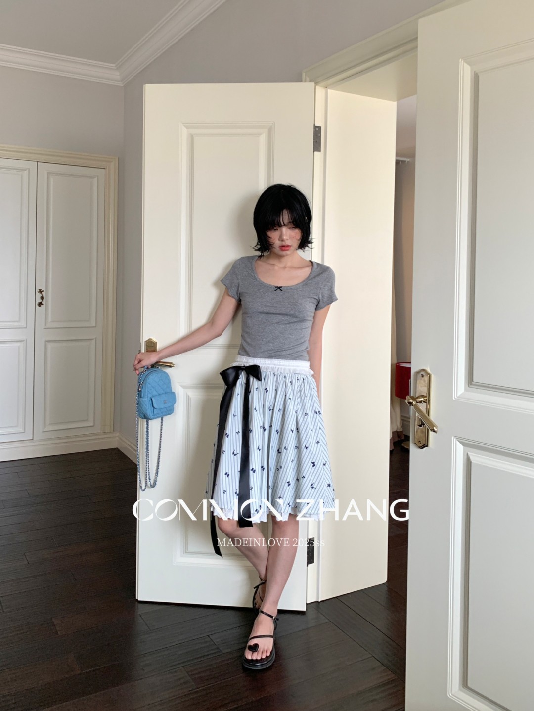 CZ ZHANG夏季韩版少女感减龄蝴蝶结拼接U领纯色天丝短袖T恤B20757详情30