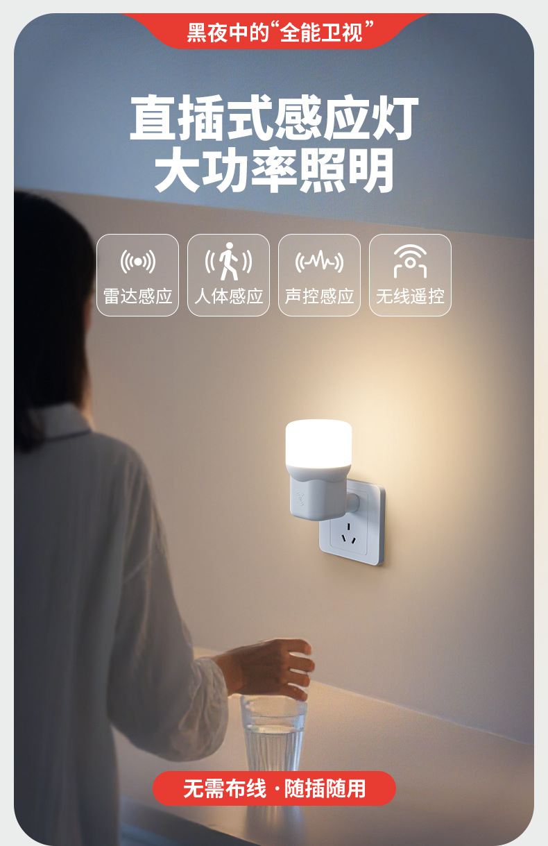 Through-hole infrared human body sensor bulb, radar sensor light, intelligent sound and light control, energy-saving, high-power night light pic 1