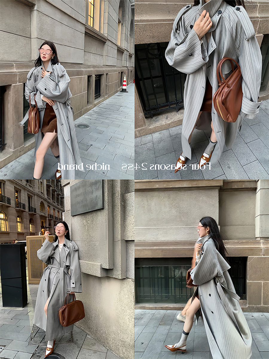 区区欧阳翻领双排扣风衣外套女秋季宽松高级感系带廓形中长款大衣详情5