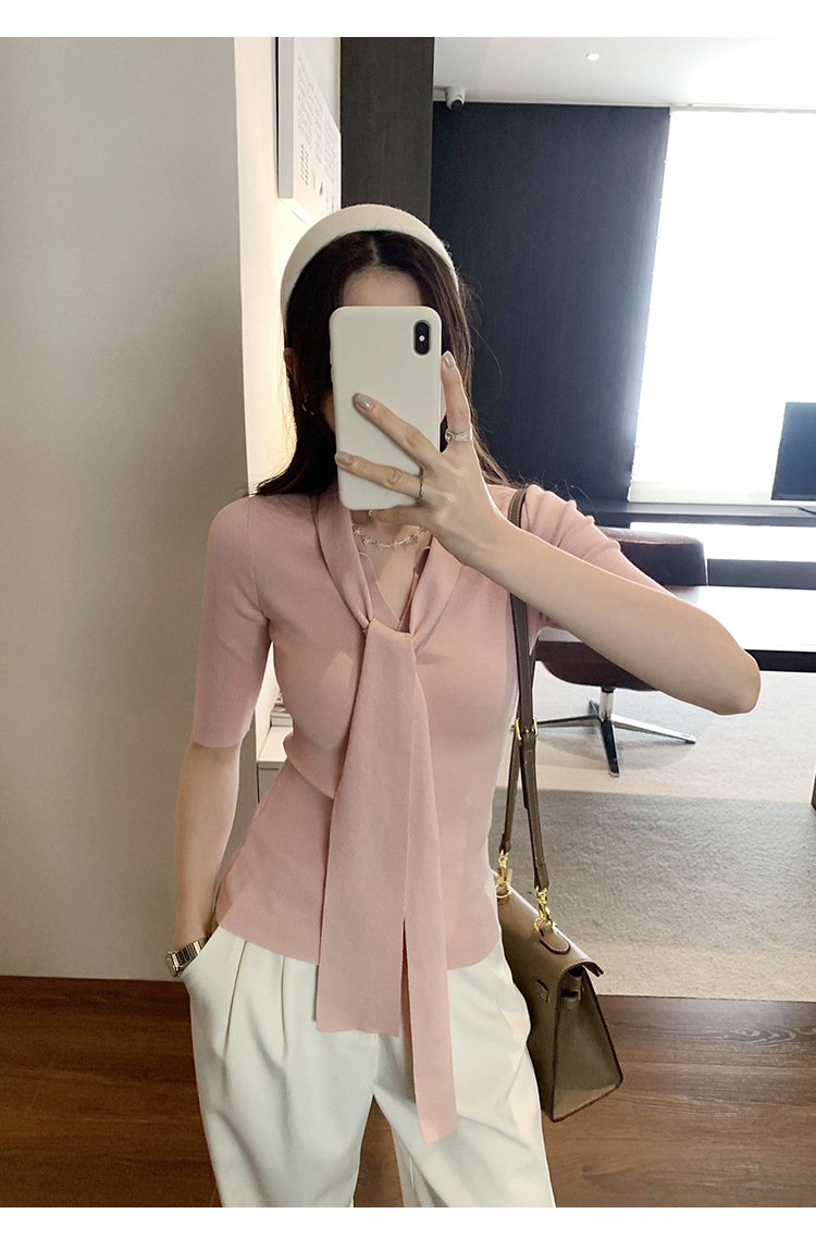法式别致辣妹V领系带修身短袖针织衫女春夏2025新款气质显瘦上衣详情27
