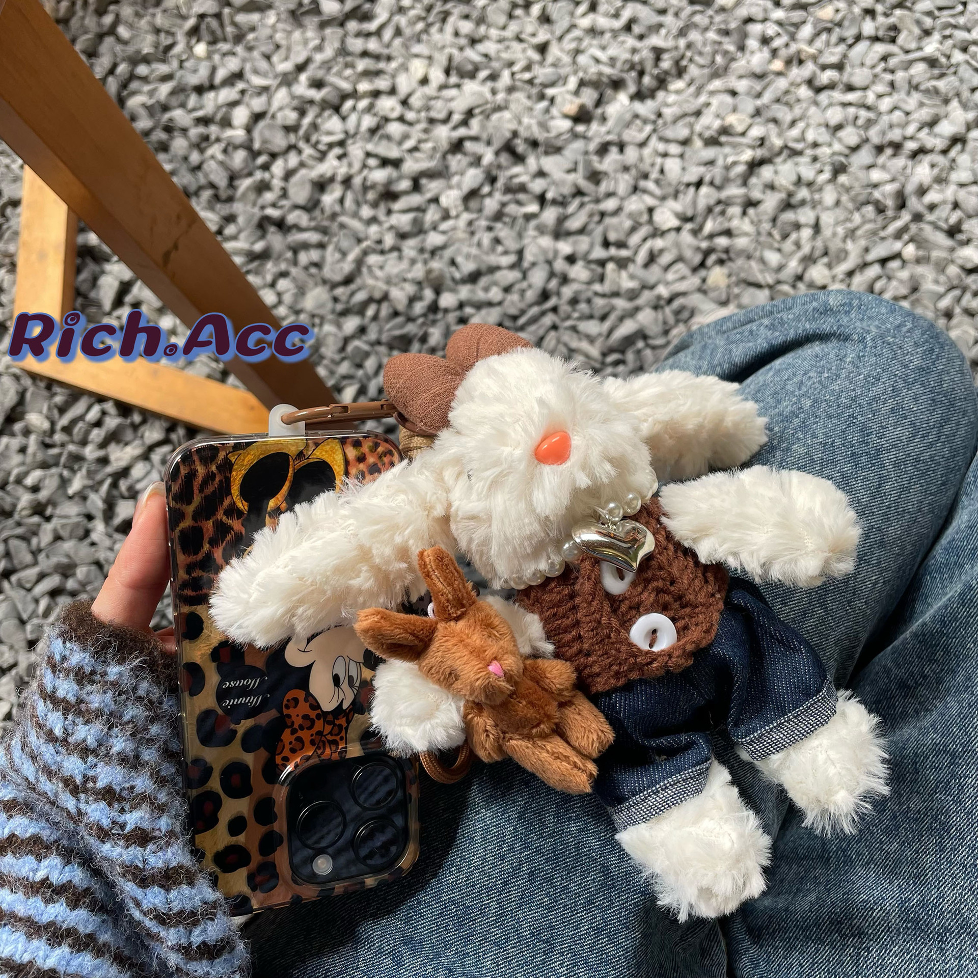 [Real Shot] High-quality Korean denim sweater, vest, long earlobe, ear rabbit, plush toy bag, pendant, keychain pic 4