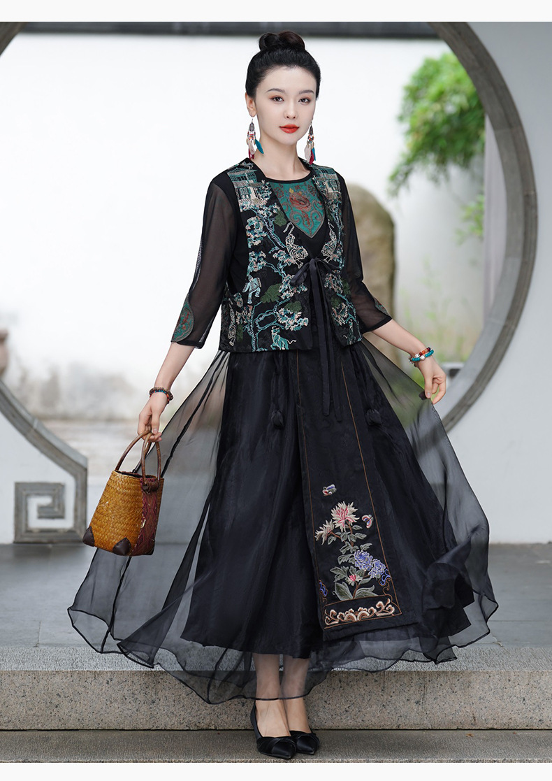 Ethnic style, new Chinese-style national trend, Tencel elastic waist, large swing skirt, long skirt, embroidered flower horse face skirt, A-line skirt pic 18