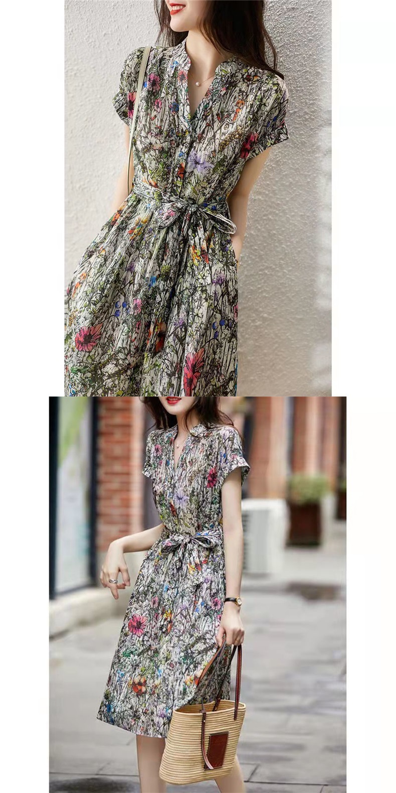 Chiffon floral print slim and elegant dress for summer 2024, a new fashion mid-length skirt that covers the belly pic 3
