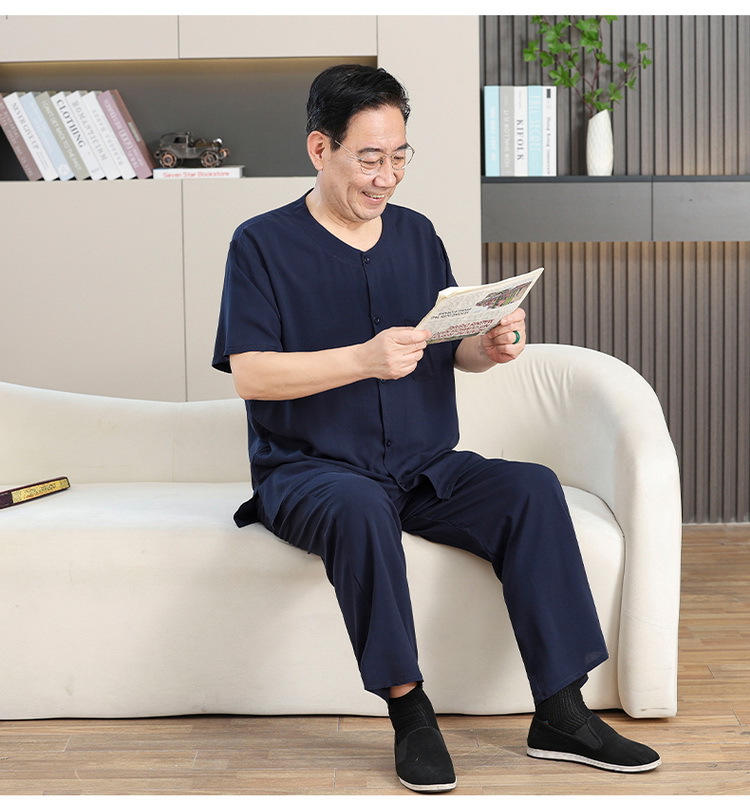 中老年棉绸男士开衫爷爷居家服套装唐装短袖长裤睡衣休闲爸爸装夏详情9