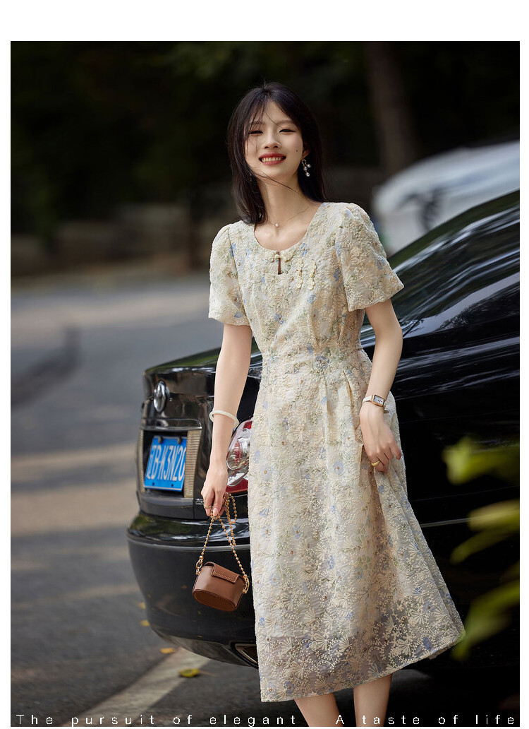 Summer round-neck, waist-cinching, slimming, gentle and elegant dress, French floral short-sleeved dress for women pic 7