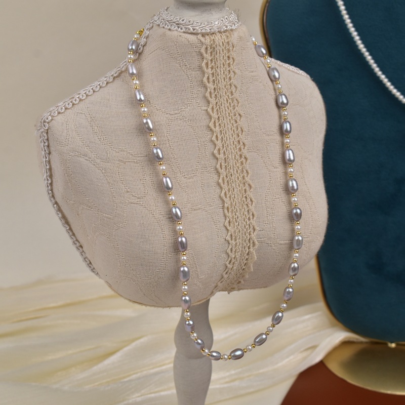 45cm natural freshwater pearl grey rice bead necklace for women, light luxury, simple and versatile collarbone chain S925 silver neck chain pic 6