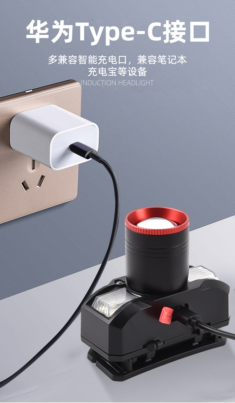 白激光芯片挥手感应头灯USB可充电户外头戴式夜钓灯白激光头灯详情10