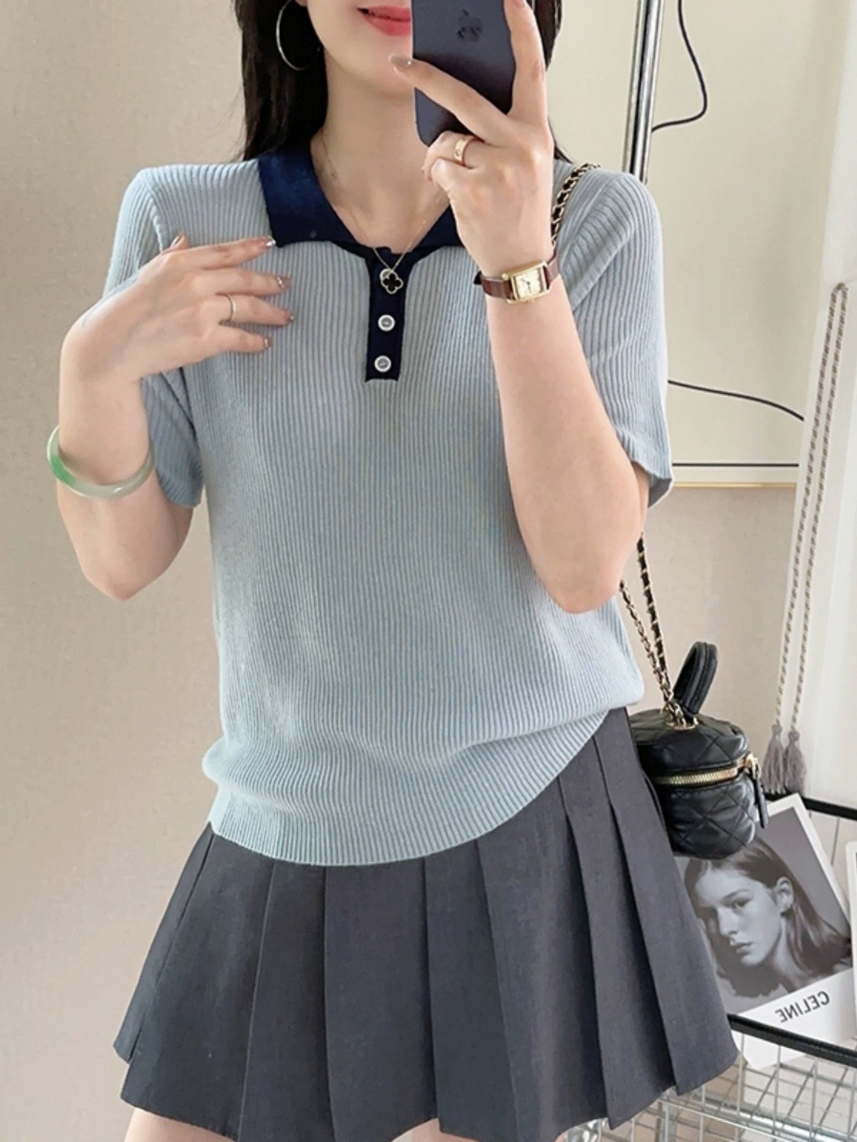 轻薄透气精纺短袖夏季女士上新款POLO领学院风通勤百搭套头T恤衫详情2