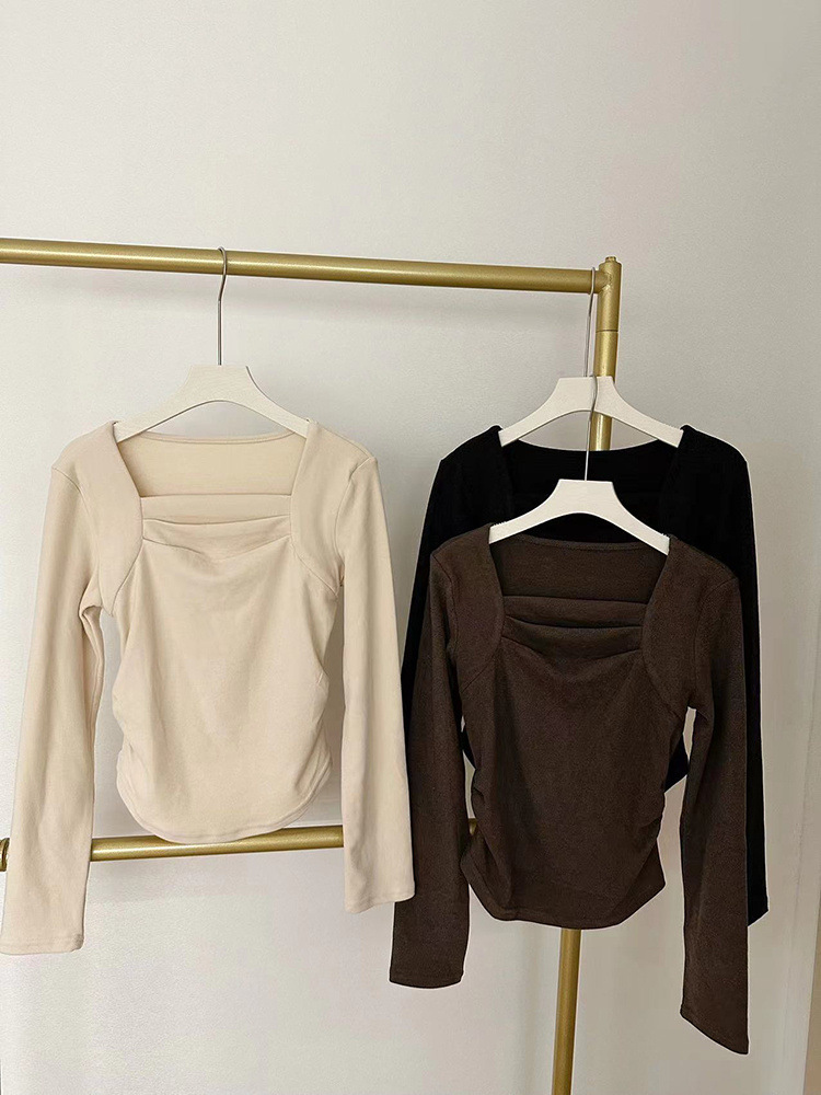 磨毛长袖t恤女秋冬内搭修身方领锁骨德绒打底衫短款上衣2024新款详情10