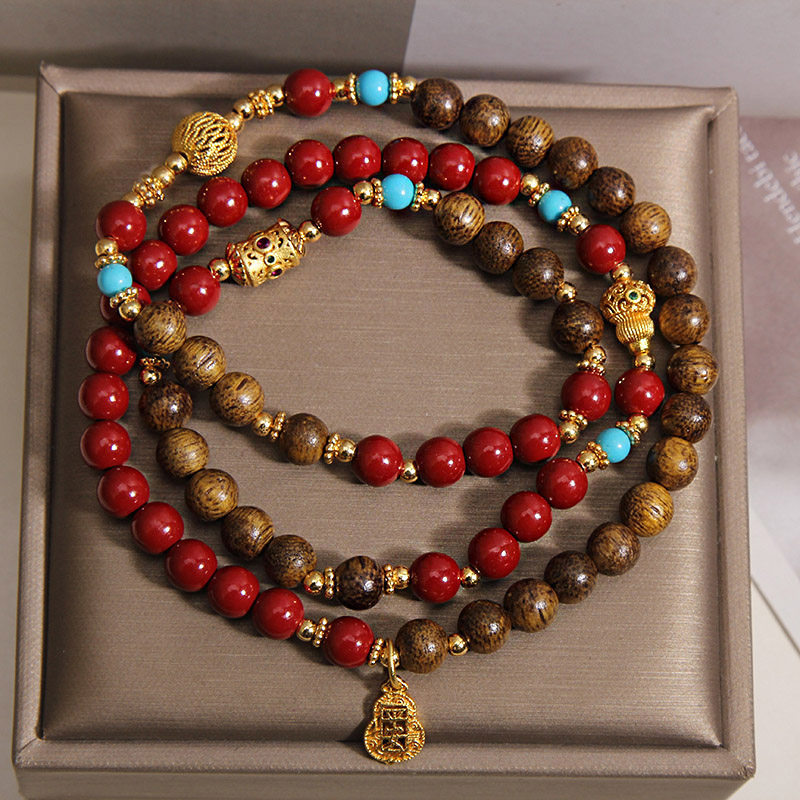 Agarwood multi-circle bracelet, new Chinese-style light luxury, retro ethnic style, purple gold sand peace gourd, wealth attraction bracelet and jewelry pic 4