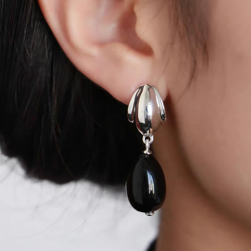 欧美小众复古黑玛瑙水滴项链耳环戒指女大号夸张黑色椭圆形耳钉详情1