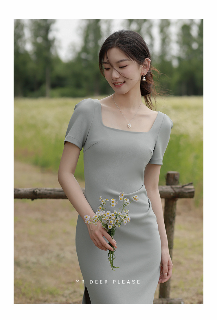 白色法式小礼服方领短袖修身微弹力长款领证订婚小晚礼服连衣裙详情17