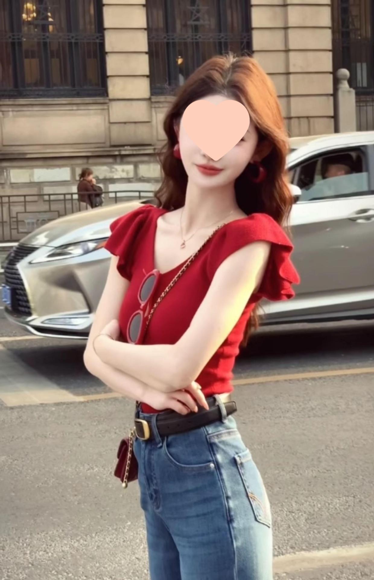 红色V领短袖针织衫正肩T恤女夏季修身显瘦纯欲辣妹小飞袖短款上衣详情11