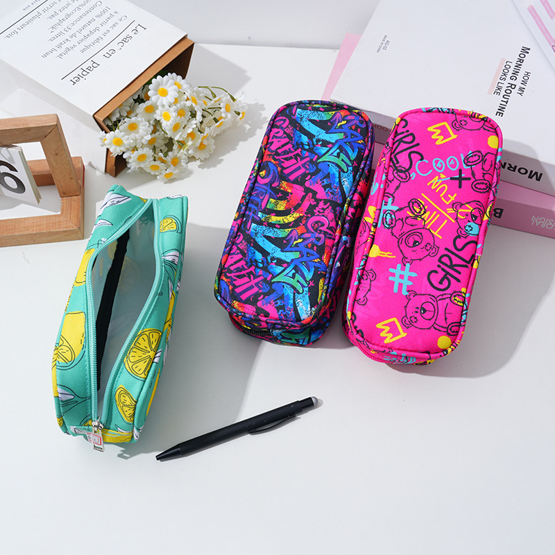 New large-capacity printed high-end student pencil case, high appearance level cartoon zipper pencil case, multi-functional stationery box pic 3