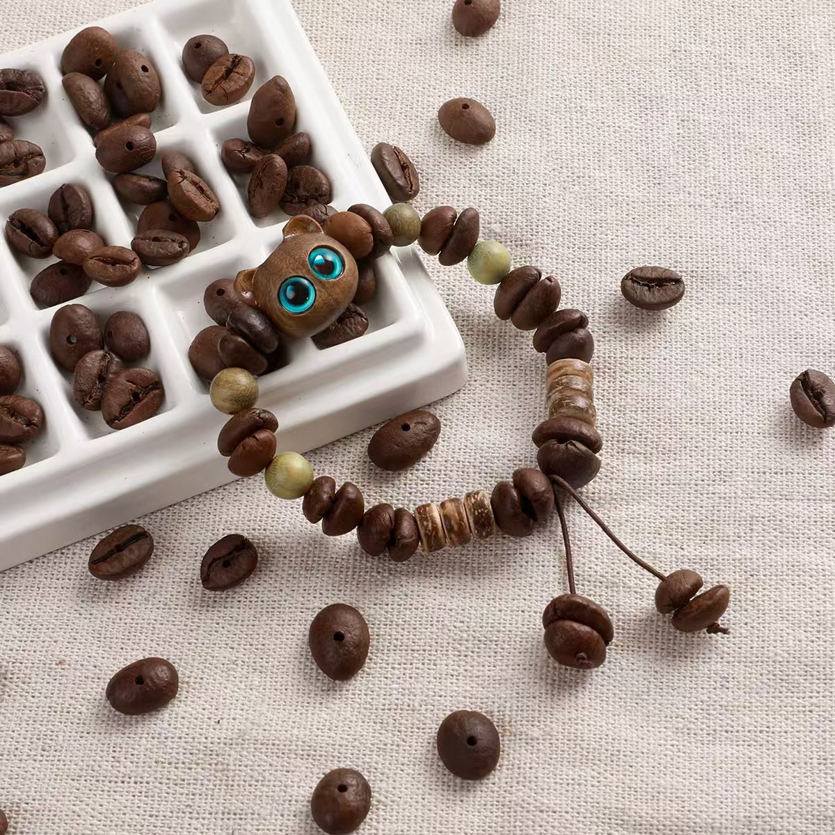 diy accessories with perforated natural coffee beans, spacer beads, loose beads, bracelets and strings, medium deep roasted round beads pic 7