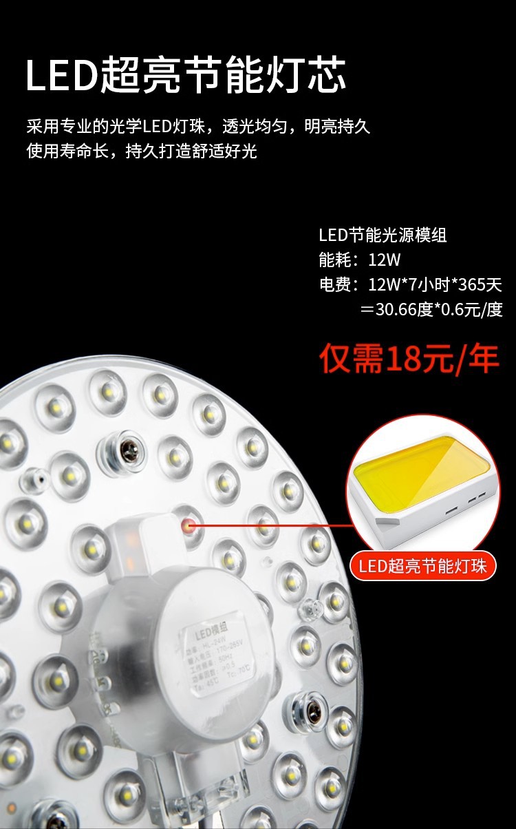 LED吸顶灯替换灯芯圆形灯盘光源家用超亮客厅圆形灯板透镜灯珠详情6