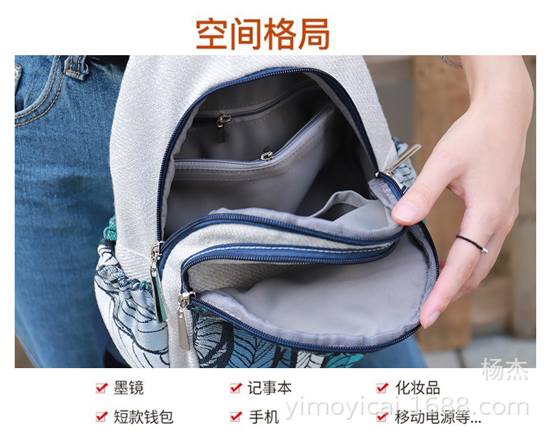 文艺国潮布艺双肩背包休闲小款多层女包风景画帆布旅行包民族特色详情3