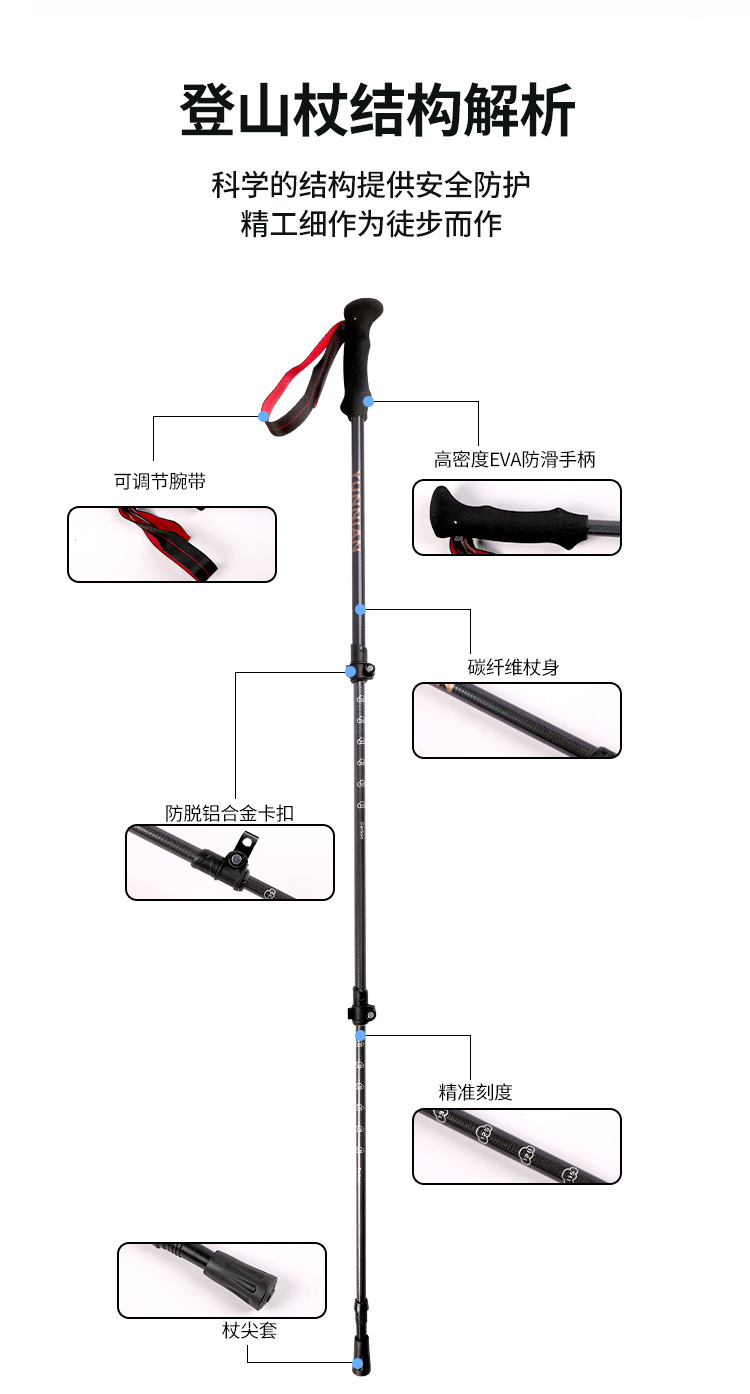 现货登山杖超轻碳素登山杖男女户外徒步登山伸缩防滑碳纤维手杖详情5