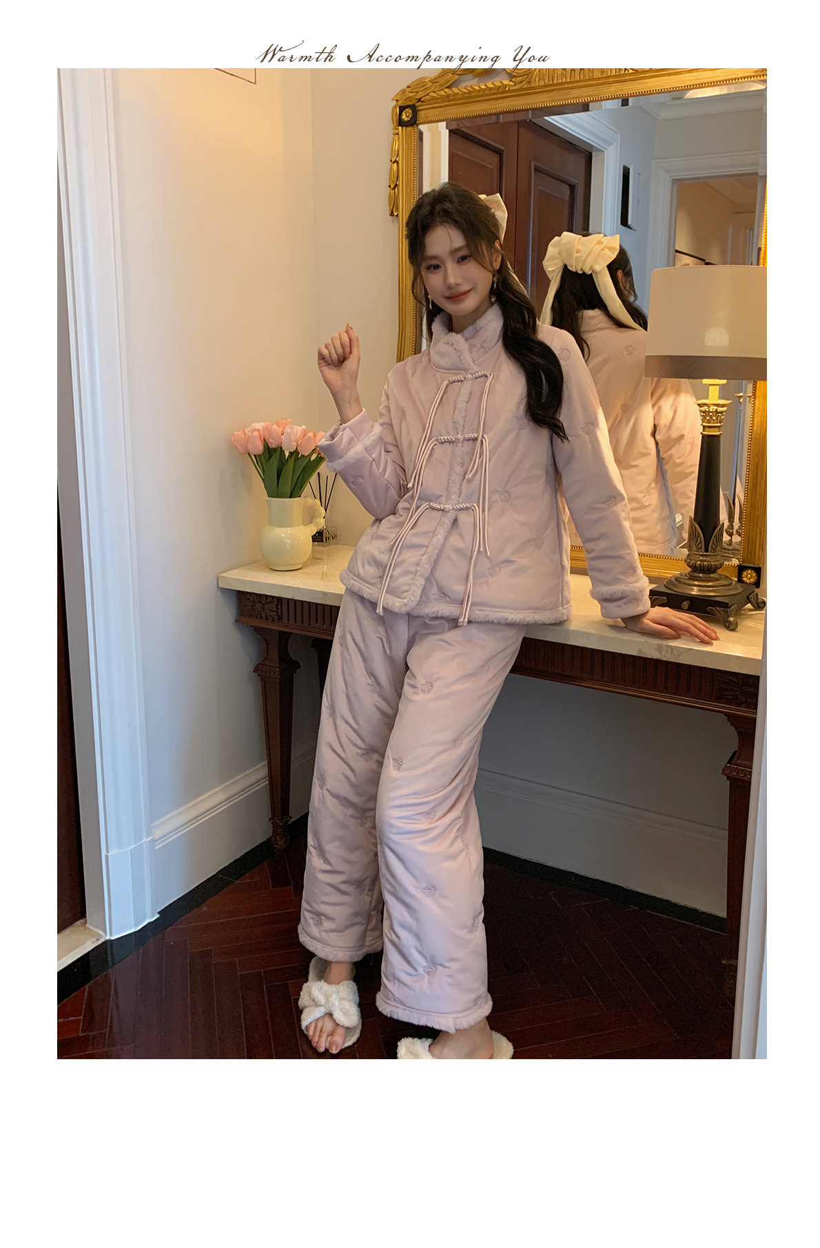 New Chinese-style stand-up collar set for women in autumn and winter, three-layer cotton and fleece thickened home wear, suitable for wearing outside in winter pic 11