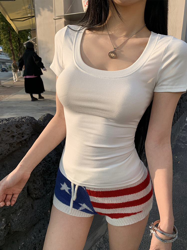 2025新款女式紧身T恤 大U领低领设计 显瘦百搭夏季短款上衣 小个子女生专享 短袖T恤打底衫详情12