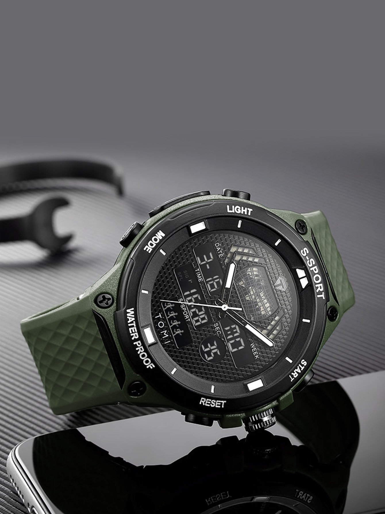 TOMI数字指针双显示创意休闲手表男士学生运动防水表高颜值石英表详情8