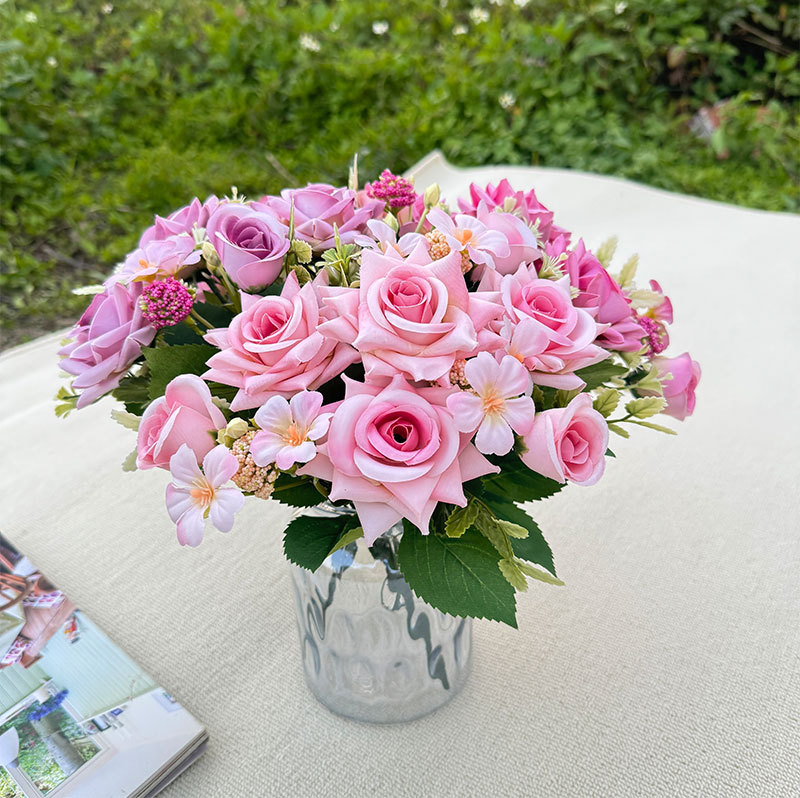 7叉玫瑰配花把束角玫田园家居软装饰假花仿真花商场造景布置绢花详情5