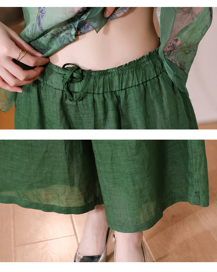 Wide-leg pants set for women, printed ramie shirt top, 2023 new style, retro large-sized cotton and linen pants two-piece set for summer pic 20