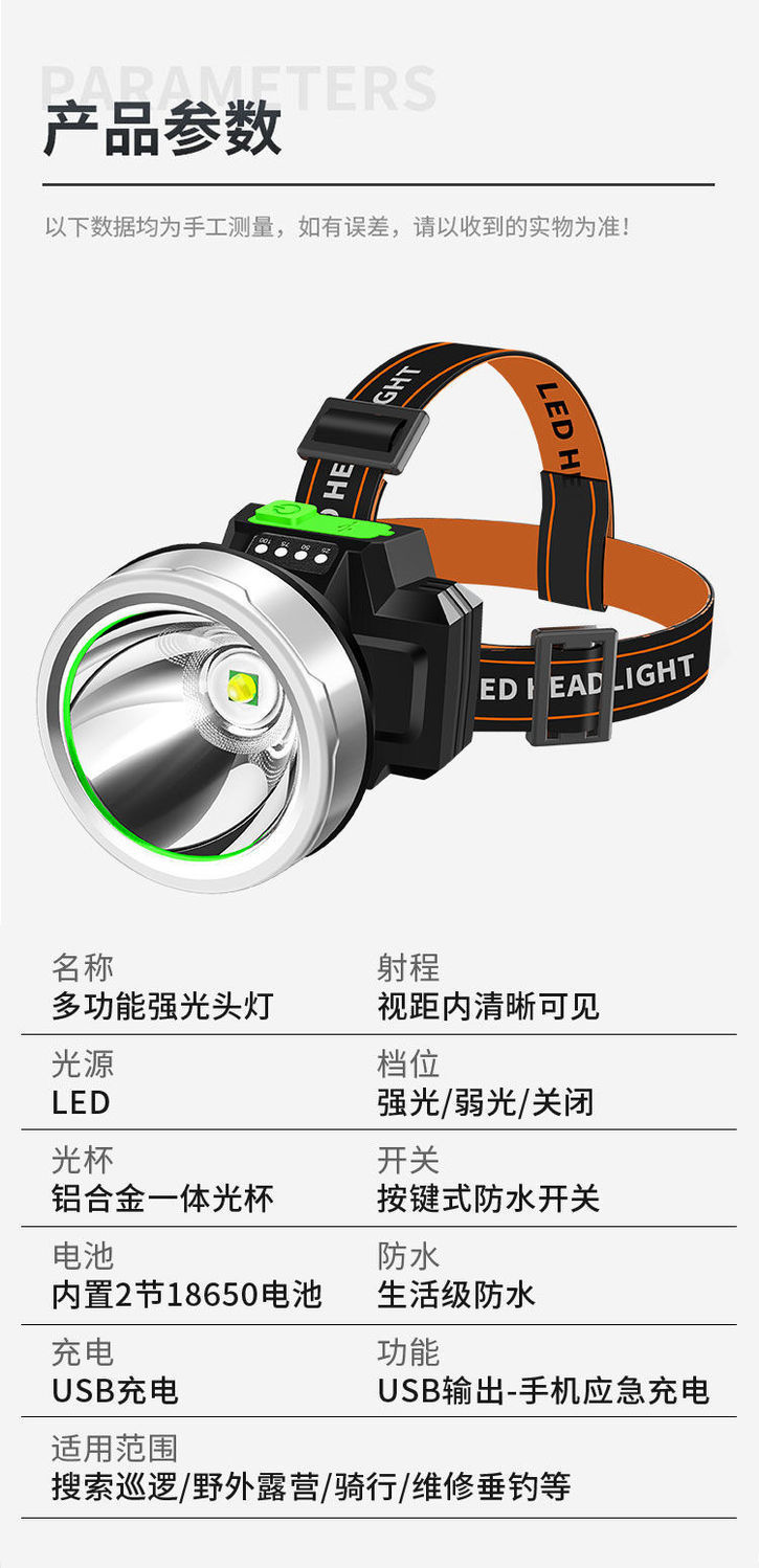 头灯强光可充电户外超亮远射头戴式双锂电超长续航手电夜钓鱼矿灯详情14