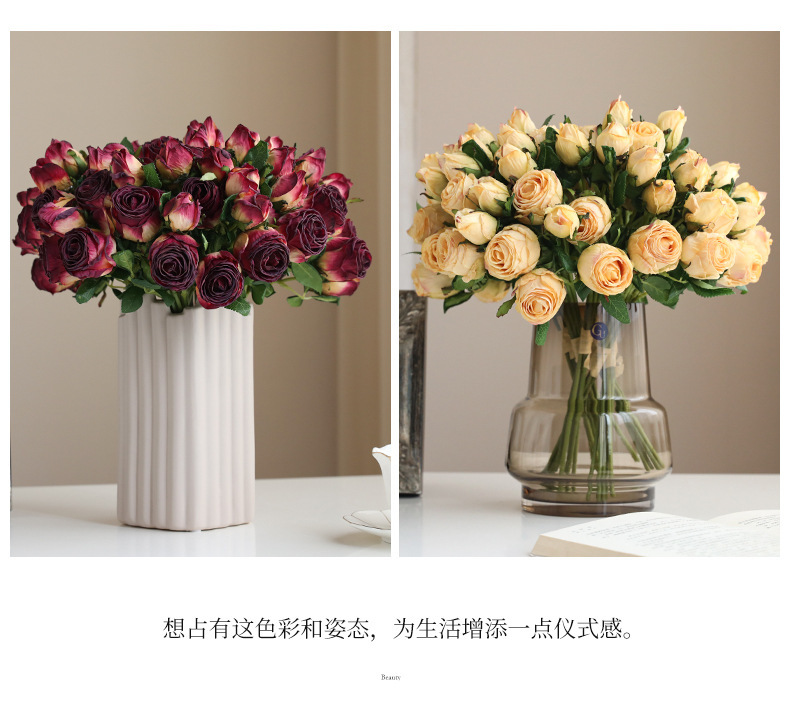 把束干花玫瑰做旧仿真花 仿干花束假花绢花客厅餐桌装饰摄影道具详情5