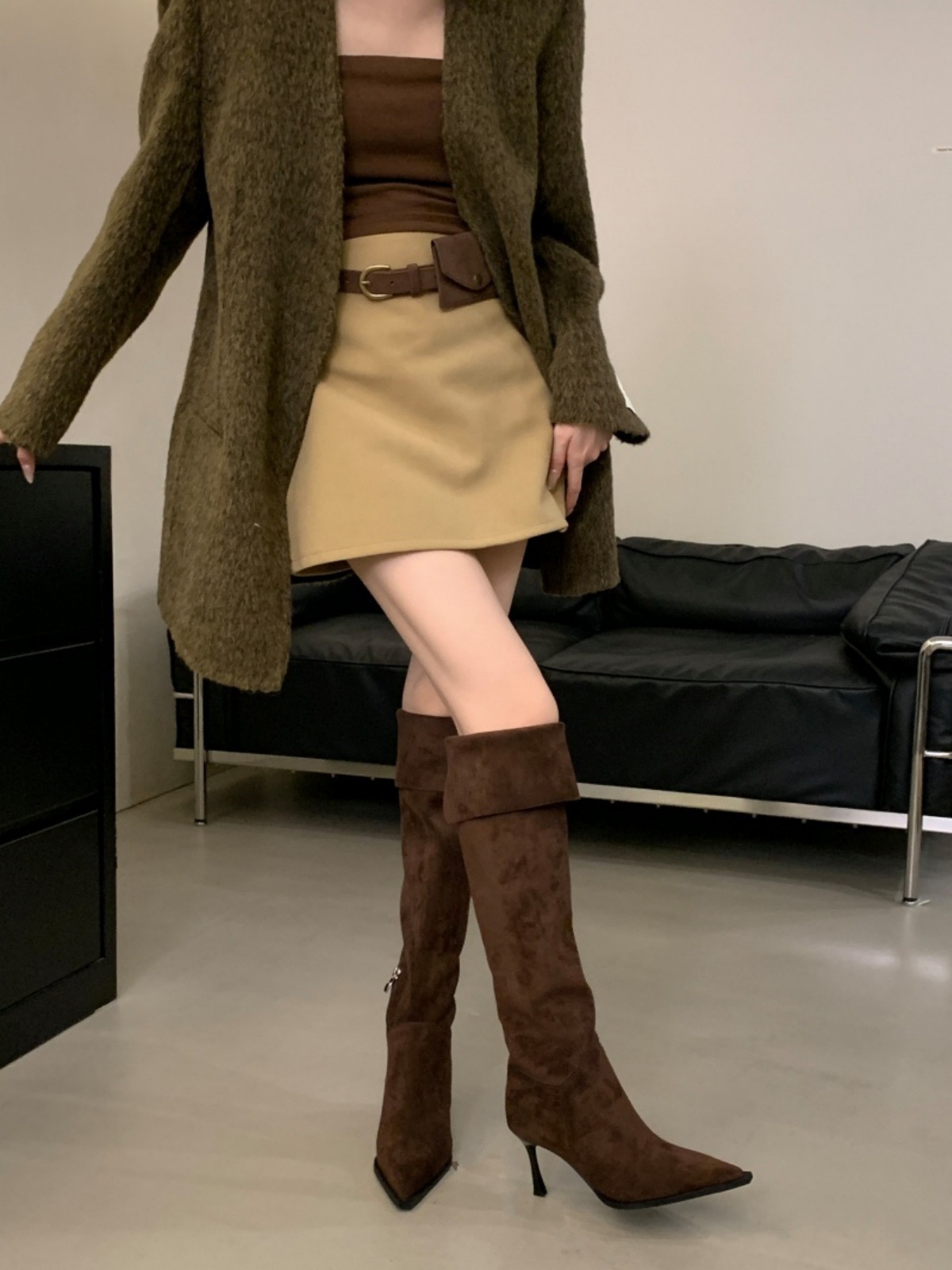 法式一靴多穿高细跟尖头堆堆过膝靴女春秋款侧拉链复古瘦瘦过膝靴详情27