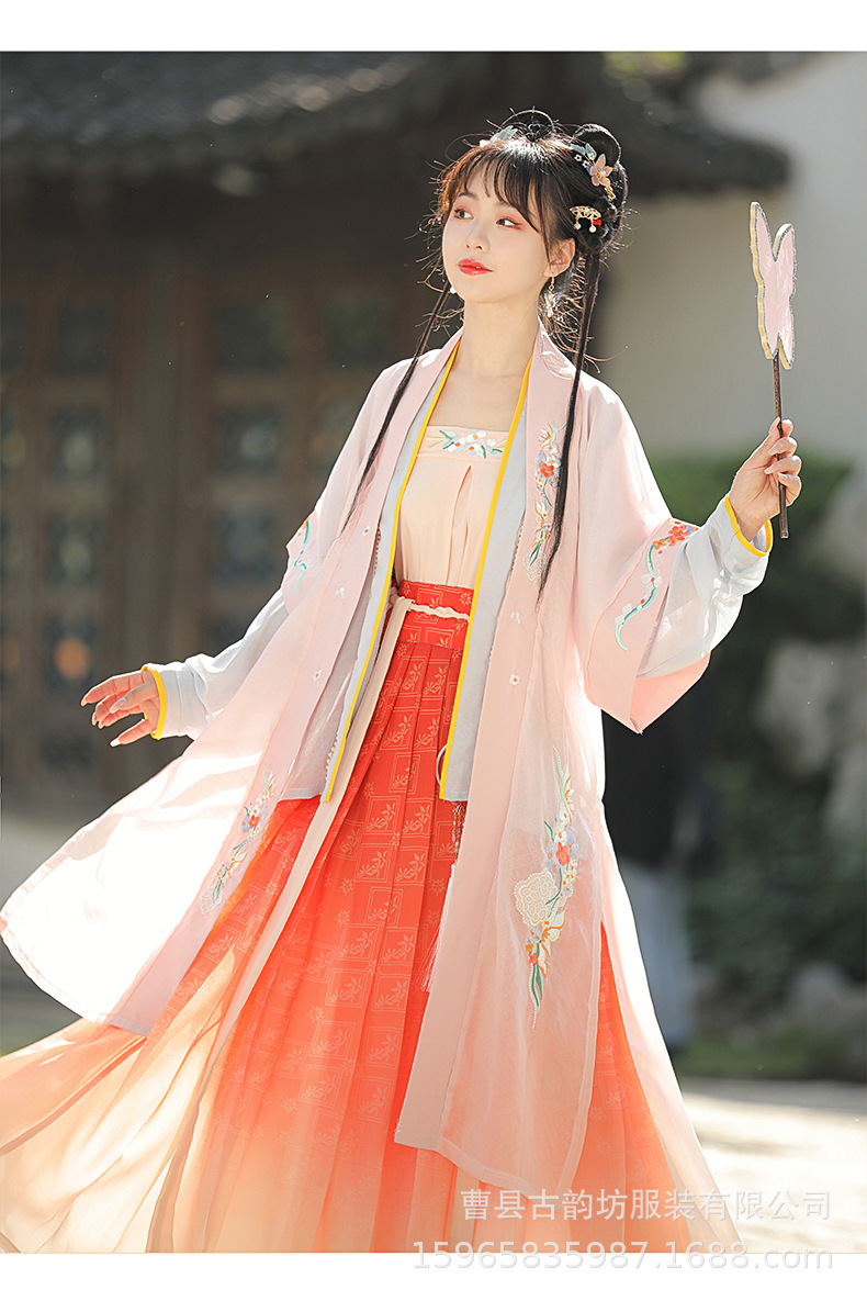 Original Song Dynasty Hanfu for women, Chinese-style embroidered long 褙子 pleated waist-length blouse and skirt, improved ancient costume with a fairy-like charm pic 14