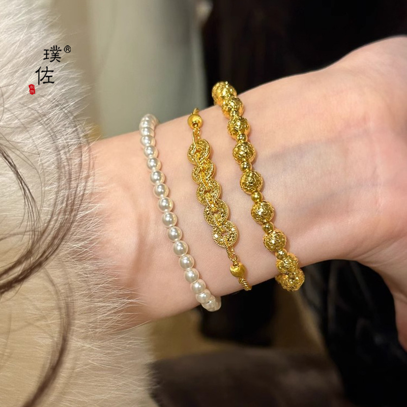 璞佐金店同款24k亮金碎碎冰钱币猫眼手链女轻奢高级感小众首饰详情6