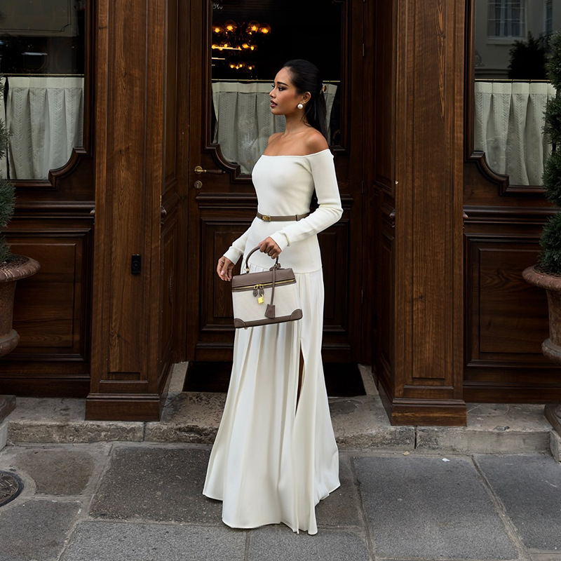 D016DS European and American cross-border 2024 Autumn new solid color one-shoulder long-sleeved slim French patchwork long dress pic 5