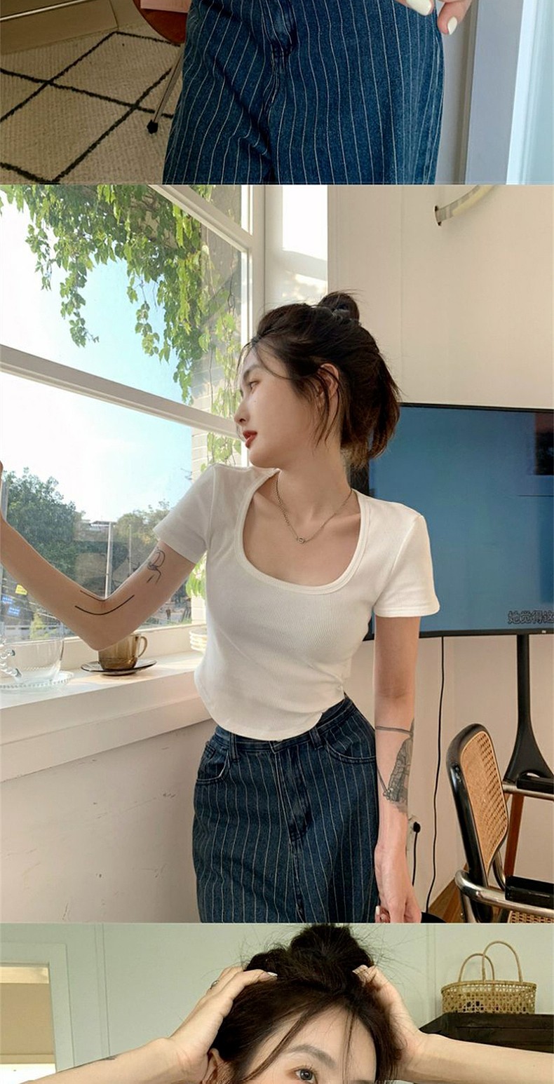纯欲甜辣妹正肩方领短袖T恤女夏季ins设计感小众百搭显瘦短款上衣详情18