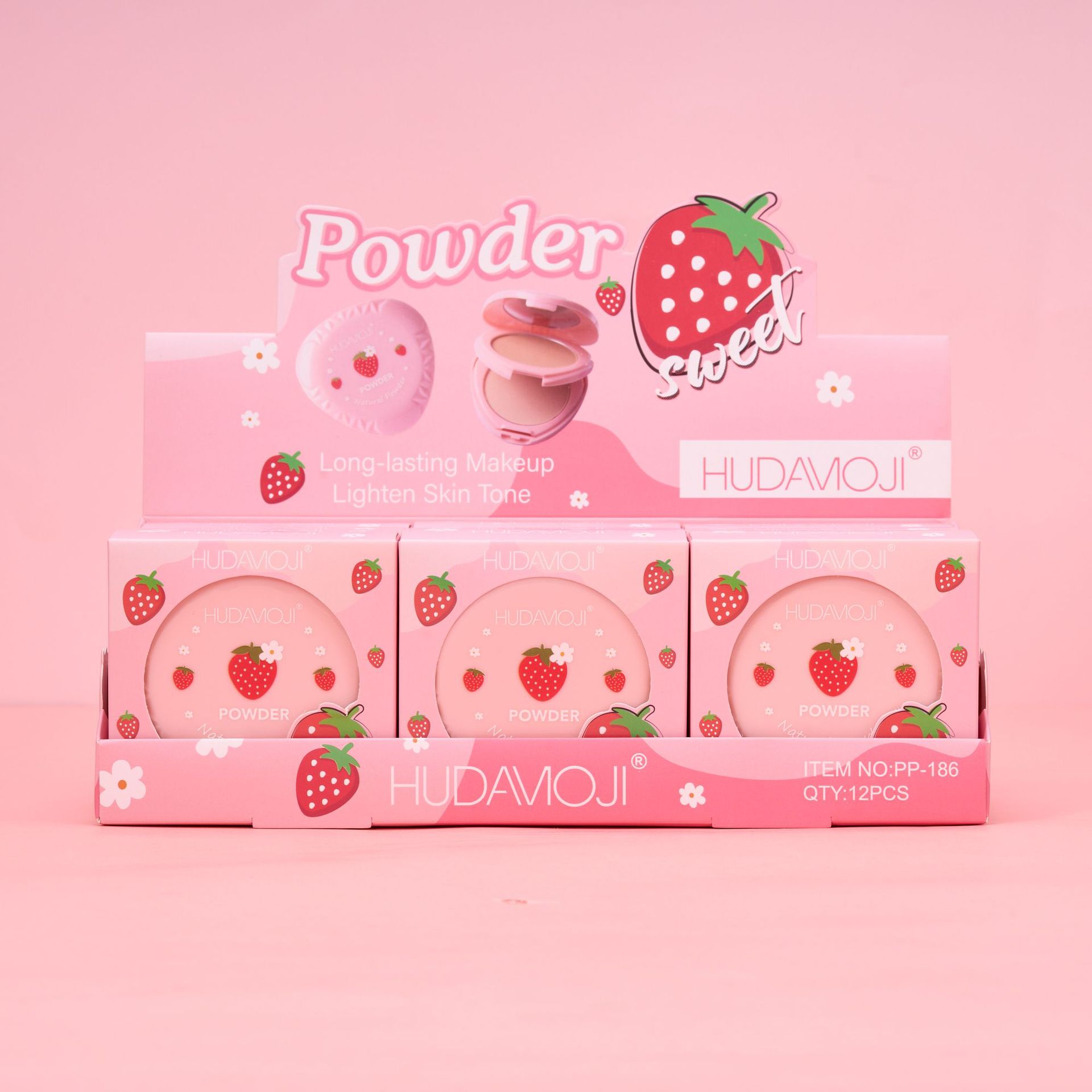 HUDAMOJI pink strawberry three-layer powder compact, a popular cross-border makeup product, features one layer of loose powder and one layer of contouring, which is natural and long-lasting pic 3
