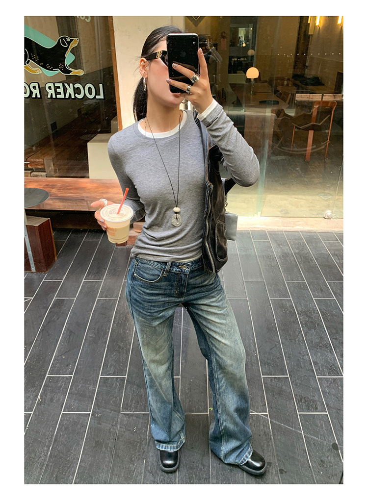 【今茵】新款美式复古水洗做旧中低腰无弹微宽松喇叭拖地牛仔裤女详情13