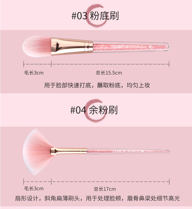 ZOREYA腮红眼影刷套装粉色水晶收纳包化妆工具美容护肤彩妆化妆刷子粉底刷组合详情14