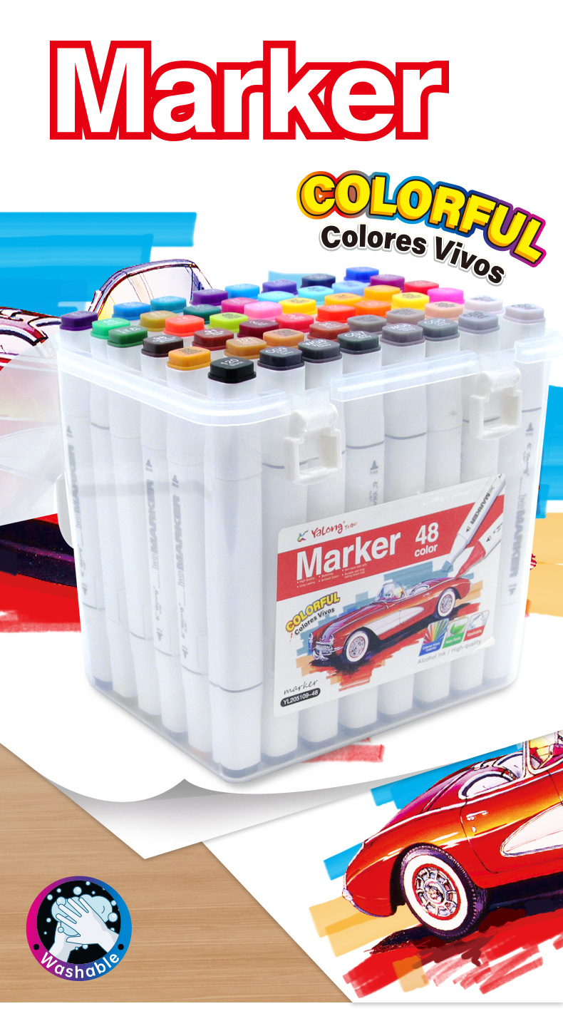 Yalong Cross-border 2023 New Student Art Supplies 48 Color Art Marks, Color double-pointed marks for children pic 1