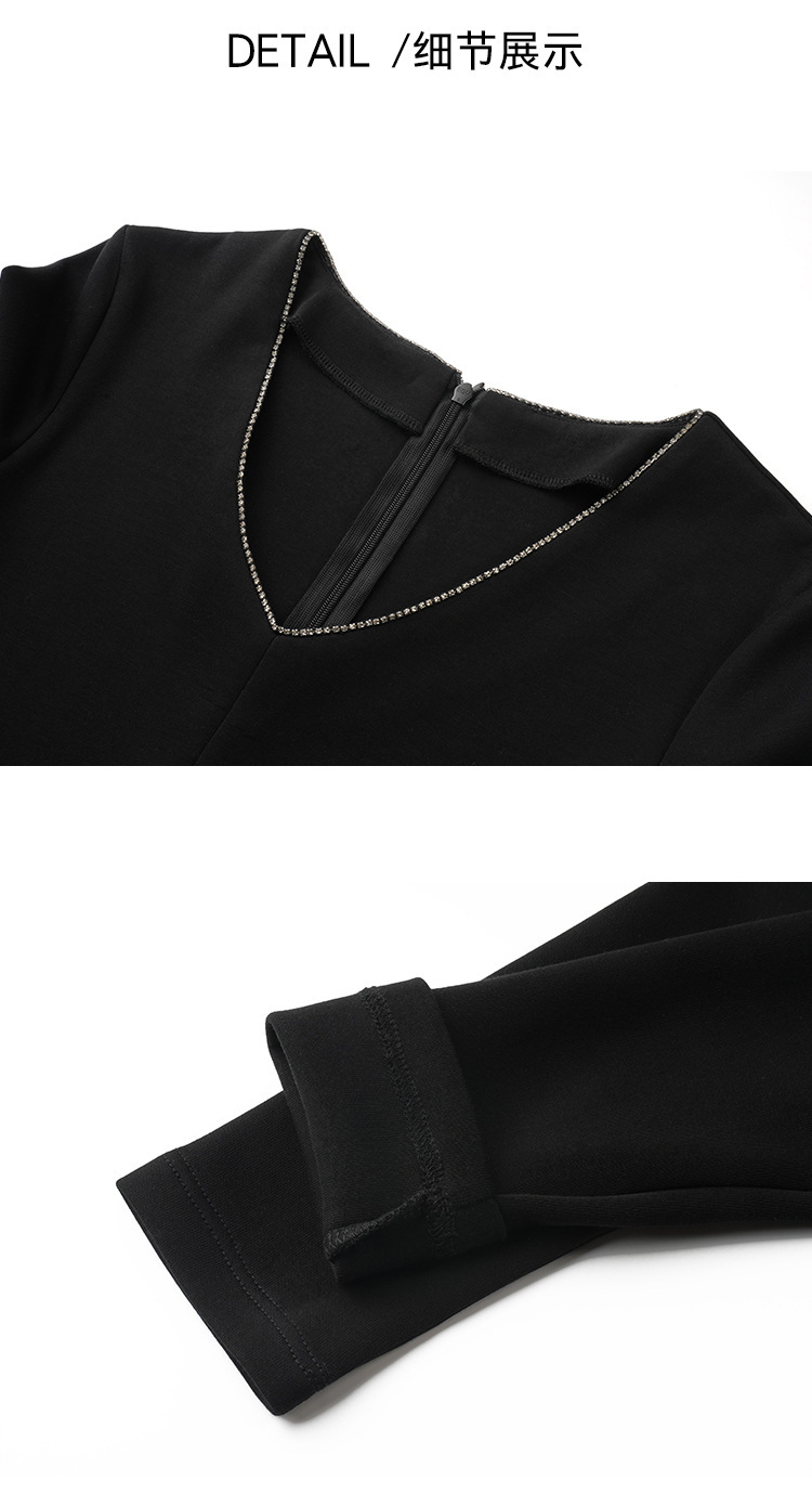 CANVAUS女装中腰长袖修身连衣裙女春秋新款V领钻石链收腰大摆中长详情16