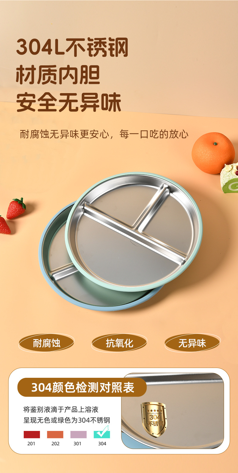 硅胶不锈钢分隔盘 儿童喂养餐具 不锈钢分格餐盘 硅胶防滑吸盘套 隔热安全 现货供应详情3