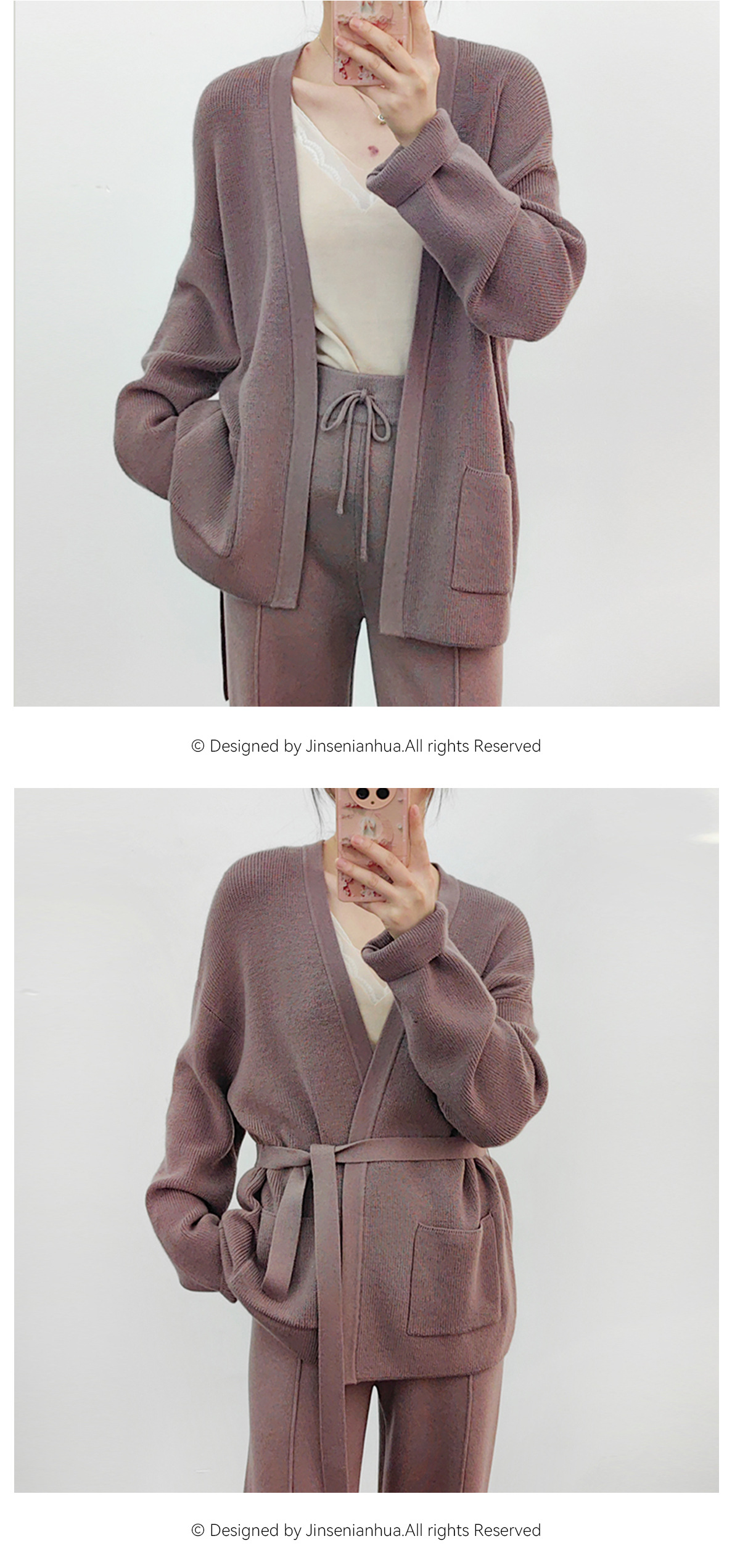 New autumn and winter style belt-knitted, stylish and slimming wool sweater coat for women, Korean loose mid-length V-neck cardigan pic 8