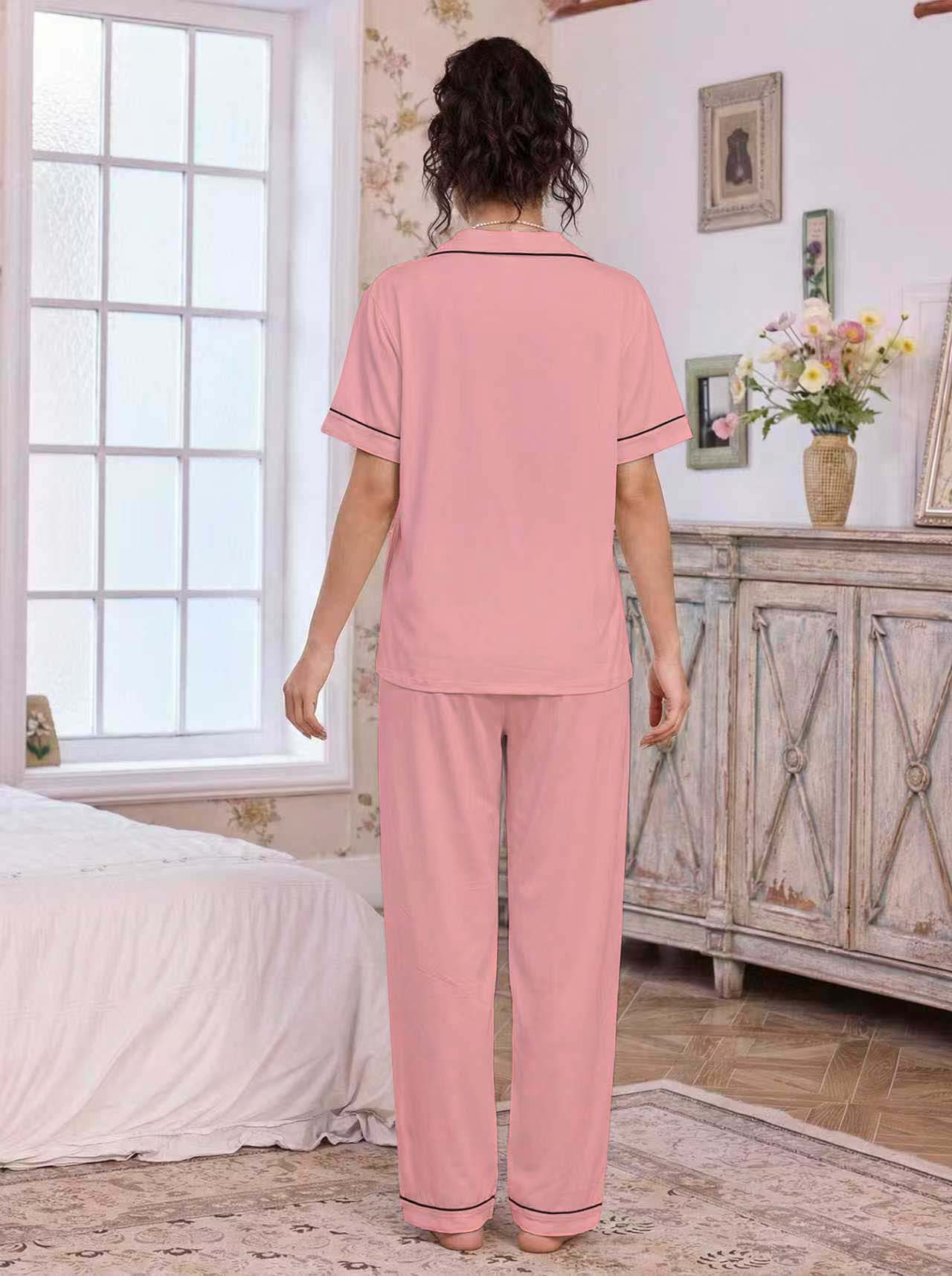 亚马逊欧美家居服套装翻领开衫短袖长裤爱心绣花睡衣女外贸独立站详情11