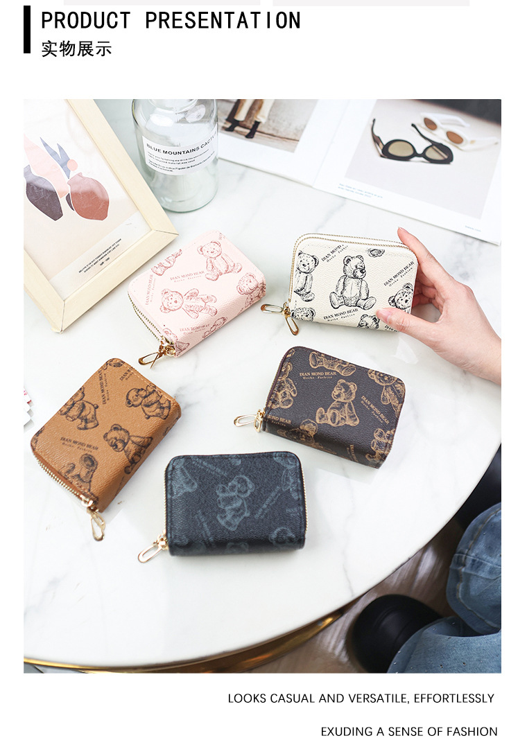 新款双层拉链风琴卡包短款卡通小熊印花风琴卡包多卡位零钱包批发详情9