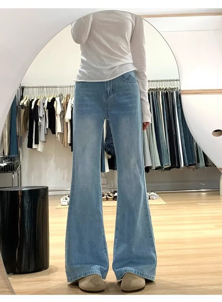 浅色微喇牛仔裤女夏季新款潮流弹力高腰显瘦慵懒风百搭不贴腿裤子详情9