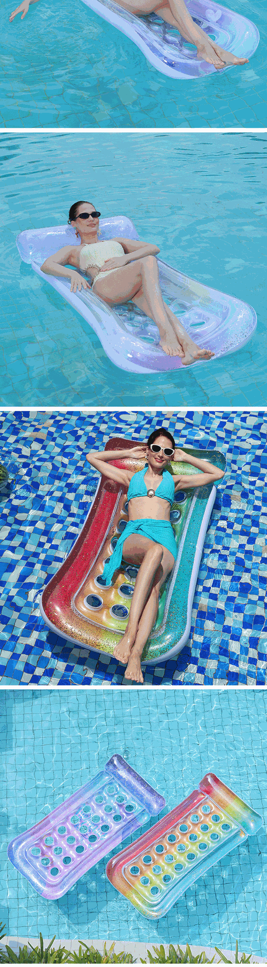 亚马逊专供水上充气浮排洞洞美人鱼泳池派对透明亮片充气浮床批发详情9
