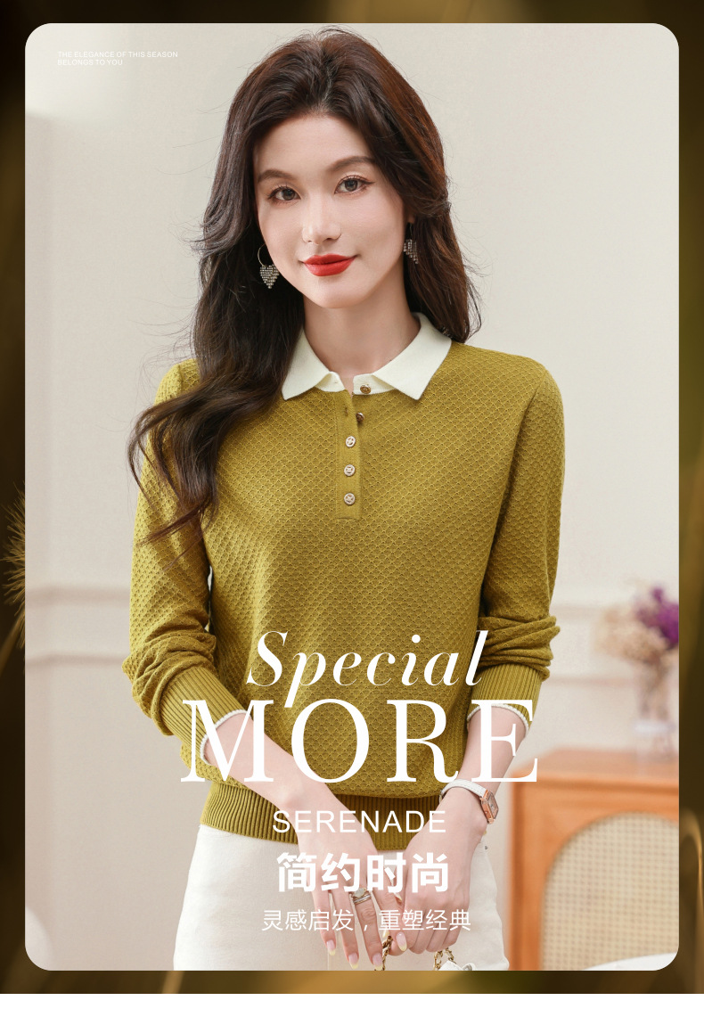 2024新款翻领含羊毛女士针织衫套头衫春秋韩版时尚气质上衣打底衫详情2