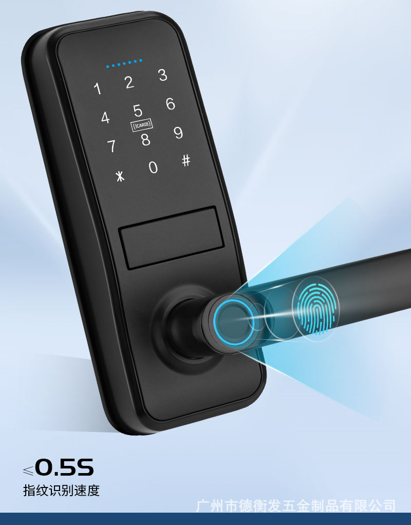 Black fingerprint smart lock with digital keyboard, circular sensing ring and door handle pic 10