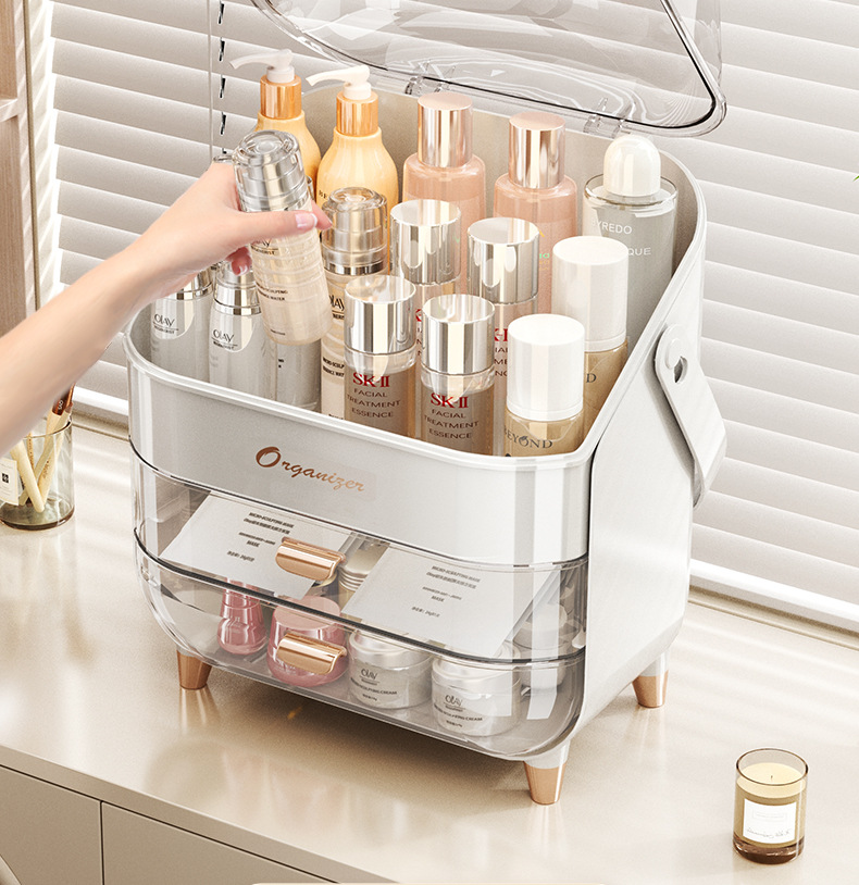 轻奢化妆品收纳盒高级感大容量防尘口红面膜护肤品收纳展示架手提详情10